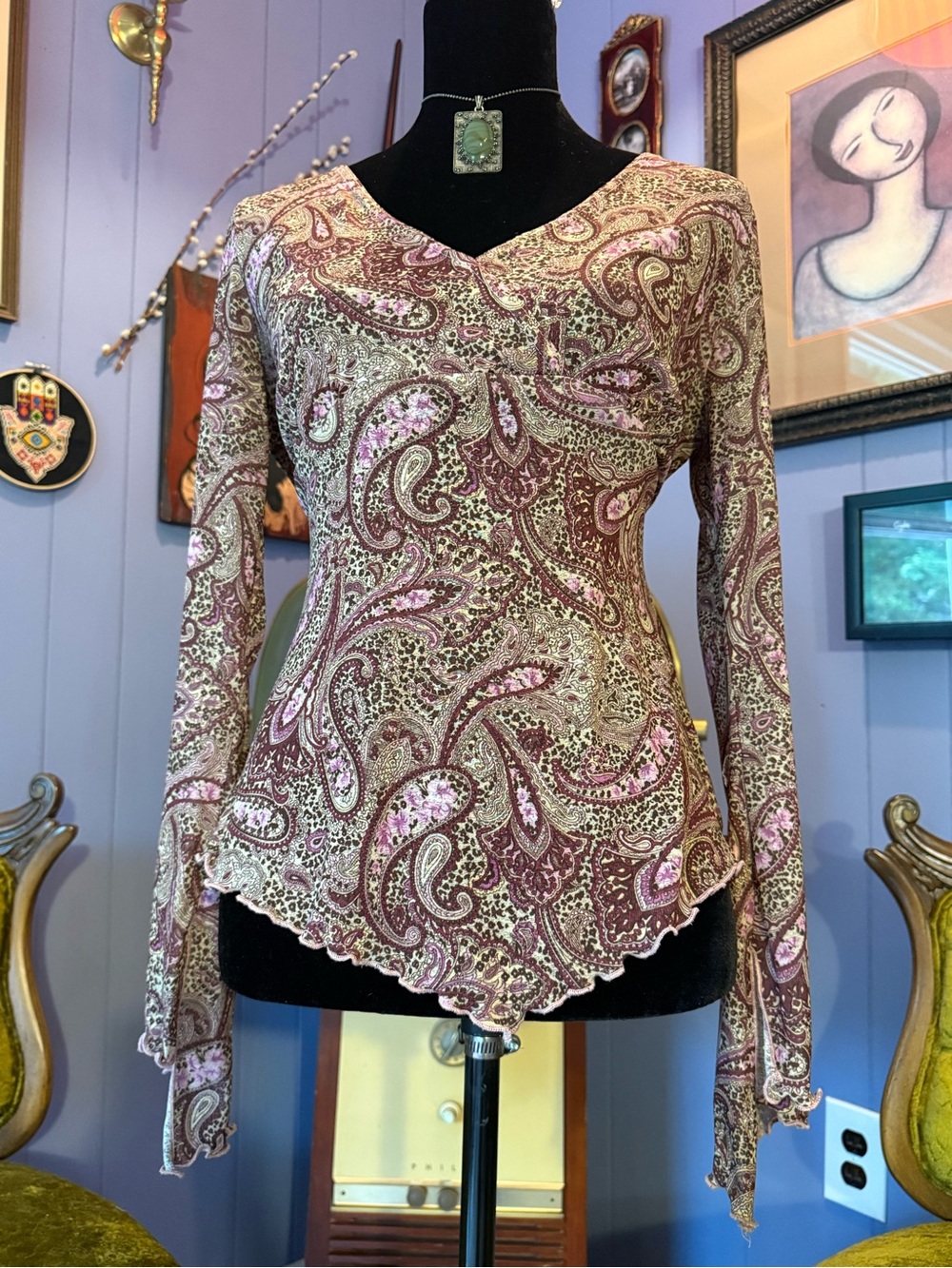 Vtg Y2K Self Esteem Boho Fairycore Paisley Print Bell Sleeve Asymmetrical Top